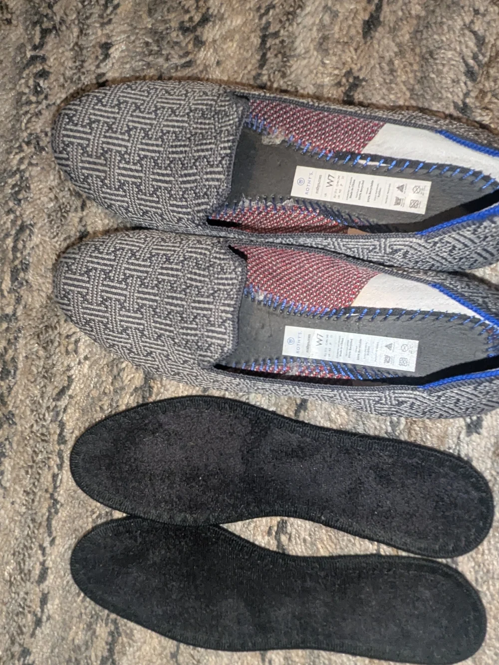 Rothy's Grey Woven Slip-On Loafers with Blue Trim
